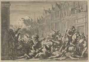 Angers besetzt von Anhängern Mazarins, die in einen Hinterhalt von zehn Kanonen des Gouverneurs De Rohan geraten, 1652 von Caspar Luyken