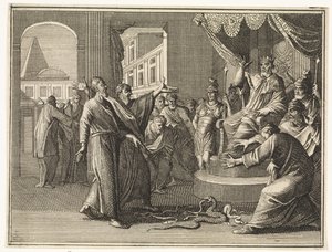 Der in eine Schlange verwandelte Stab von Moses verschlingt den der ägyptischen Zauberer