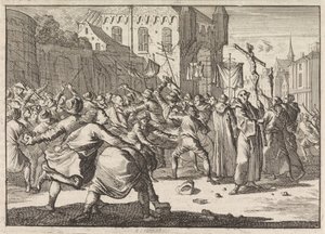 In Danzig wird eine Prozession mit Steinwürfen vom Volk begrüßt, 1678