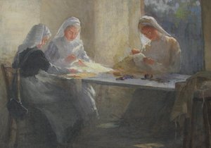 Kensington War Hospital Supply Depot (Kensington Square), Drei Krankenschwestern sitzen an einem Tisch und nähen, um 1916 von Catherine Ouless
