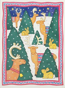 Rentiere um die Weihnachtsbäume