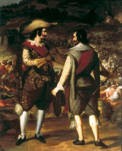 Die Eroberung von San Juan in Puerto Rico (1625). Detail. Im Vordergrund spricht Don Juan de Haro mit seinem Assistenten. Hinter ihm die Festung, die von den Spaniern bewacht wird, die die Niederländer zum Verlassen zwingen. Gemälde von Eugenio Caxes oder  von Caxesi or Caxete Eugenio Caxes