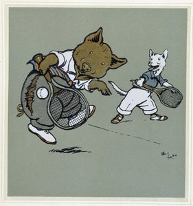 Schwein und Fuchs spielen Tennis - in "Fröhliche Gesellschaft", ill. von Cécil Aldin, ed. Hodder & Stoughton, London