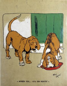 Das Gesetz des Stärkeren: „Nach dir, wenn noch etwas übrig ist...“ Ein Hund lässt den anderen fressen und die Schüssel leeren. Zeichnung von Cecil Aldin (1870-1935) 19. Jahrhundert. Paris, Kunstgewerbemuseum von Cecil Charles Windsor Aldin