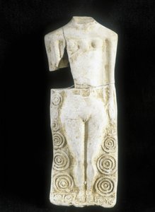 Frau mit drei Brüsten. Statuette des keltischen Töpfers „Rextuguenos“, signiert und mit Rouelles (einziger bekannter armorikanischer Töpfer), für Laraire (Gebetsplatz in einer römischen Villa) von Celtic