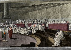 Cicero denunziert den Verschwörer Catilina (Lucius Sergius Catilina) (108-62 v. Chr.) am 8. November 63 v. Chr. Die Szene spielt in Rom im Senat, graviert nach dem Fresko, das zwischen 1882 und 1888 von Cesare Maccari (1840-1919) geschaffen wurde. Rom Pala