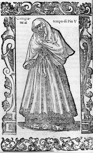 Renaissance: eine Kurtisane zur Zeit von Papst Pius V. (1566-1572). Gravur aus „Modern und Ancient Costumes“ von Cesare Vecellio von Cesare (attr. to) Vecellio