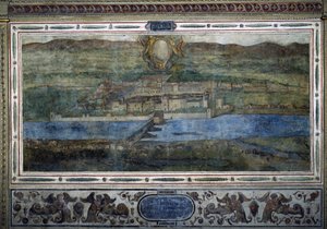 Ansicht der Stadt Innsbruck, Österreich. Ansicht der Städte des Habsburgerreiches. Fresko des Michelozzo-Hofs im Palazzo Vecchio in Florenz. Gemälde von Sebastiano Veronese Giovanni Lombardi, Cesare Baglioni und Turino da Piamonte, ca. 1565