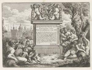 Widmung an und Wappen von Agostino Chigi und Ansicht von Rom