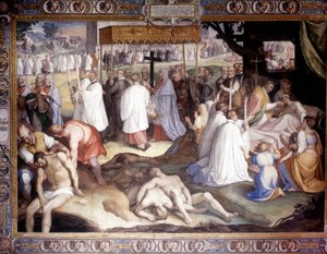 Pest von Mailand: Der heilige Karl Borromäus (1538-1584) kommuniziert die Sterbenden. Fresko von Carlo Nebbia im Borromäus-Kolleg in Pavia. 16. Jahrhundert.