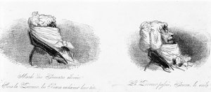 Satirische Zeichnung über die Bourgeois zur Zeit der Französischen Revolution. „Mode der hohen Krawatten: unter dem Terror versteckten die Schönen ihre Köpfe... Nach dem Terror... Hey, da ist er!“ In „Tortures de la mode“ von Cham von Amédée de Noé