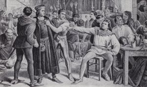 Lord Saye und Sele, kurz vor der Enthauptung in Jack Cades Rebellion von Charles (after) Lucy