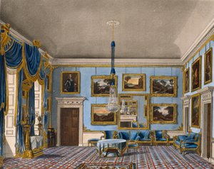 Blauer Samtsaal, Gravur von Daniel Havell, basierend auf einem Entwurf von Charles Wild, aus The History of the Royal Residences von Charles (after) Wild