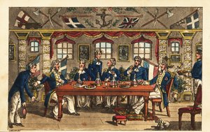Seekadett Newcome verbeugt sich, als er das Abendessen in der Kapitänskabine der HMS Victory verlässt