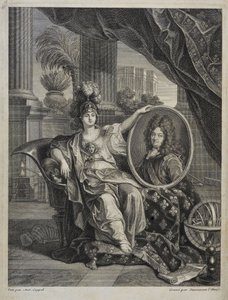 Ludwig XIV. (1638-1715), König von Frankreich, Beschützer der Wissenschaften - Gravur von Antoine Coypel in „History of the Royal Academy of Sciences“ 1703 von Charles Antoine (after) Coypel