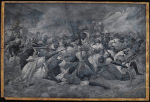 Die Niederlage der ägyptischen Armee unter Hicks Pasha durch die Streitkräfte des Mahdi Muhummad Ahmad bei El Obeid, 5. November 1883 (Aquarell en grisaille) von Charles Auguste Loye