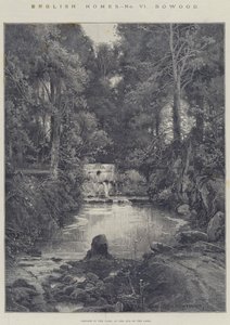 Englische Häuser, Bowood, Kaskade im Park, am Ende des Sees von Charles Auguste Loye