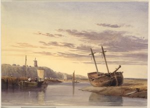 Fischerboote im Hafen von Rye, mit einer Windmühle in der Ferne