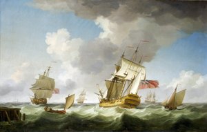 Ein Handelsschiff der Britischen Ostindien-Kompanie bei starkem Wind, nahe dem Pier, den es gerade verlassen hat von Charles Brooking