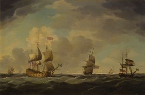 Ein englisches Flaggschiff unter leichtem Segel bei mäßiger Brise