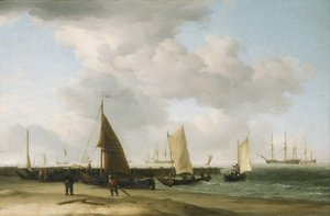 Szene am Ufer, mit einem Kriegsschiff am Horizont