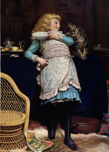 Kind mit Katze, von Burton Barber, englische Chromo