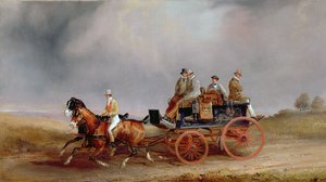 Auf die Jagd gehen; ein Postillion und ein Paar mit einem Jagdwagen