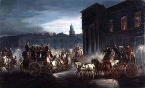 Der Edinburgh Mail Coach und andere Kutschen in einer beleuchteten Straße
