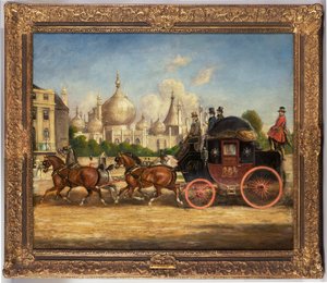 Der London-Brighton Postkutsche vor dem Royal Pavilion, Brighton