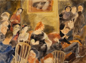 Innenraum mit Gruppe von Menschen um eine rothaarige Frau von Charles Demuth