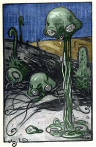 Illustration von M. Dudouyt für den Roman von H. G. Wells (1866-1946) „Der Krieg der Welten“; Darstellung der Bewohner des Planeten Mars