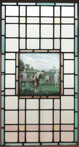 Ein spätviktorianisches Bleiglasfenster mit den Golfern von Charles Edmund Brock
