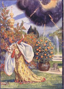 Eine dicke Wolke erschien, aus der Blitze hervorschossen, Szene aus Sucna Murga in Kindererzählungen aus rumänischen Legenden von Moses Gaster