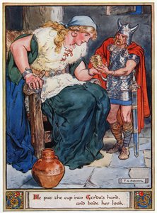 Er gab Gerda die Tasse in die Hand und befahl ihr zu schauen, Illustration aus 