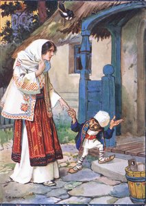 Der kleine Bruder Bit brachte seine schöne Braut in das Haus, das er für sie gebaut hatte, Szene aus Der kleine Bruder Bit in Kindererzählungen aus rumänischen Legenden von Moses Gaster