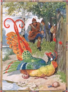 Als er versuchte zu fliegen, fand er seine Flügel zu schwer, Szene aus Der Ritter der Blumen in Kindererzählungen aus rumänischen Legenden von Moses Gaster