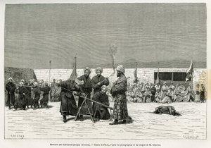 Übungen im Umgang mit Taifourchi-Bollwerkgewehren, Truppen, die von der chinesischen Armee bewaffnet und ausgebildet wurden, Zeichnung von Delort, zur Illustration der Erinnerungen einer englischen Botschaft in Kachgar (oder Kashi, China) in den Jahren 18