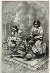 Die Verwöhnung eines Kindes durch seine Mutter und die Herstellung von Zuckerrohrschnaps (Rum), nahe Cali (Cauca-Tal, Kolumbien), Gravur von Ch. Delort, zur Illustration der Geschichte von Equinoxiale Amerika von E. Andre, eine Missionsaufgabe der französi