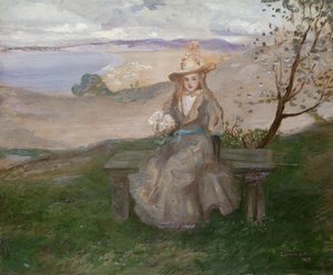 Mädchen mit Blumenstrauß über Swanage Bay, 1899 von Charles Edward Conder