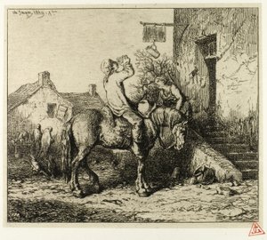Eingang zu einem Gasthaus, mit trinkendem Bauern