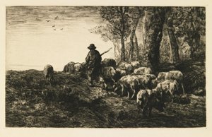 Schweineherde mit Schweinehirte von Charles Emile Jacque