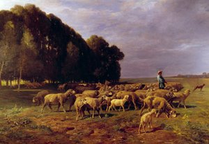 Schafherde in einer Landschaft oder „Hirte treibt eine Schafherde in der Ebene“