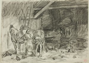Innenansicht einer Schmiede (recto); Mann, der sich bückt, von hinten gesehen (verso) von Charles Emile Jacque