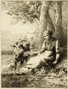 Hirte mit Schafherde am Waldrand von Charles Emile Jacque