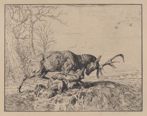 Hirsch kämpft gegen einen Wolf, nach Antoine Louis Barye, 1846 von Charles Emile Jacque