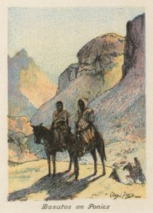 Südafrika: Basutos auf Ponys (Farblithografie) von Charles Ernest Peers