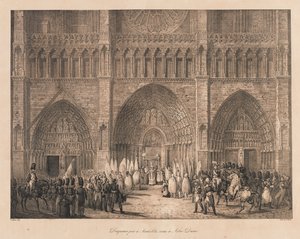 Fahnen, die bei Austerlitz erobert wurden, in Notre Dame empfangen, frühes 19. Jahrhundert von Charles Etienne Pierre Motte