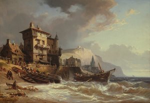 Boote an der Küste der Bretagne an Land ziehen, 19. Jahrhundert von Charles Euphrasie Kuwasseg