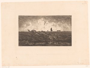 Landschaft mit Hirten und Schafen während eines Regenschauers
