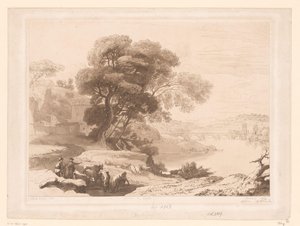 Landschaft mit Hirten und Vieh am Flussufer